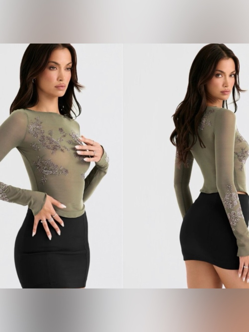 House of CB Angelique olive green sheer crystallized top Long-Sleeve - Picture 5 of 10